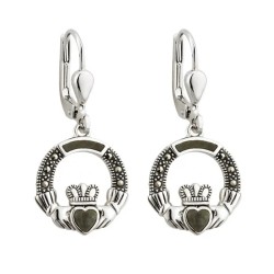 Solvar Sterling Silver Marcasite & Marble Claddagh Drop Earrings Solvar
