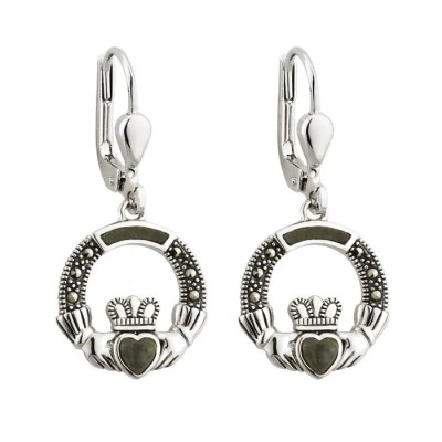 Solvar Sterling Silver Marcasite & Marble Claddagh Drop Earrings Solvar