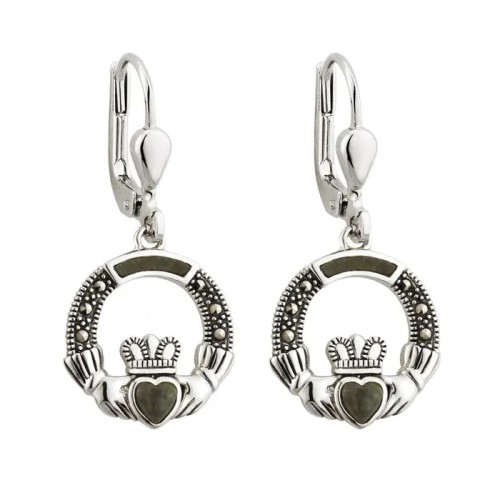 Solvar Sterling Silver Marcasite & Marble Claddagh Drop Earrings Solvar