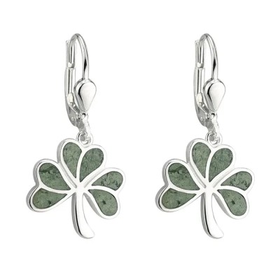 Sterling Silver & Connemara Marble Shamrock Drop Earrings